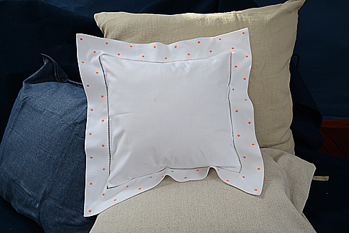 Square Hemstitch Baby Pillow 12"x12" Vermillion Orange Polka Dot
